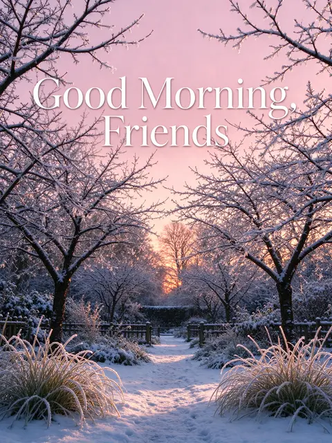 "Good Morning, Friends" white serif text over a snowy frost-covered garden path at pale pink sunrise