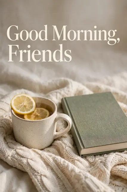 "Good Morning, Friends" cream serif text above a mug of lemon tea and closed book resting on a knitted blanket