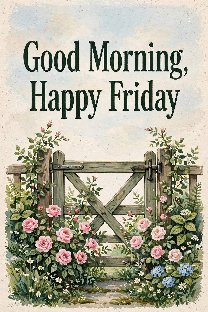 Gouache illustration of a weathered wooden cottage garden gate with climbing pink roses, with the text "Good Morning, Happy