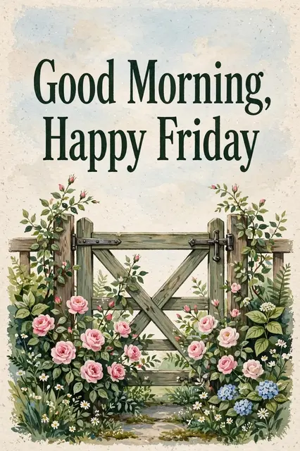 Gouache illustration of a weathered wooden cottage garden gate with climbing pink roses, with the text "Good Morning, Happy