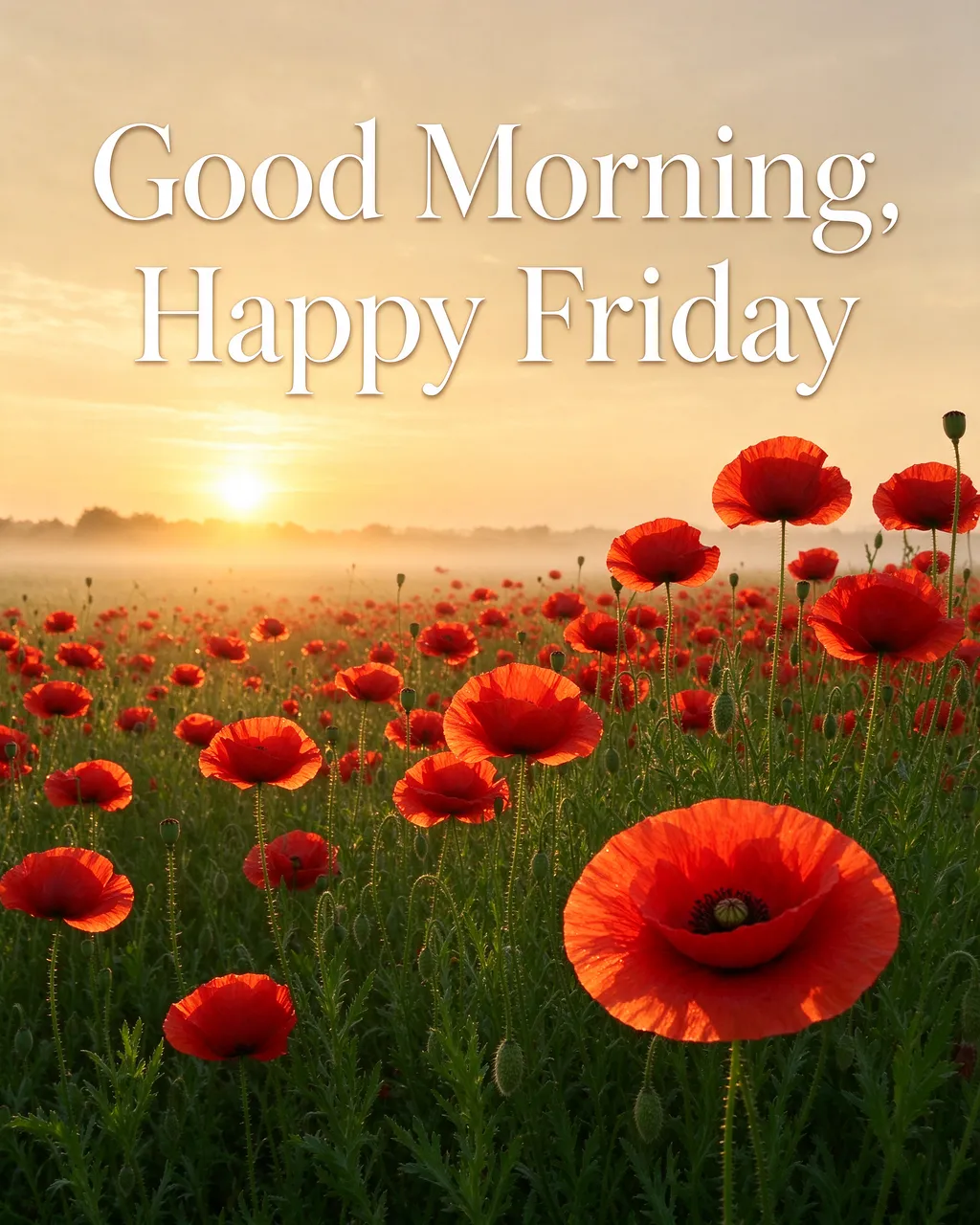 "Good Morning, Happy Friday" text over a sunlit field of red poppies at sunrise