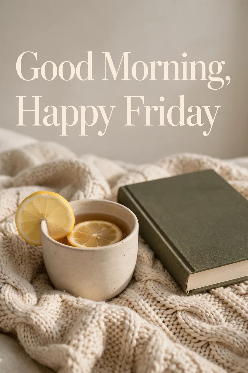"Good Morning, Happy Friday" serif text above a cup of lemon tea and closed book on a knitted blanket