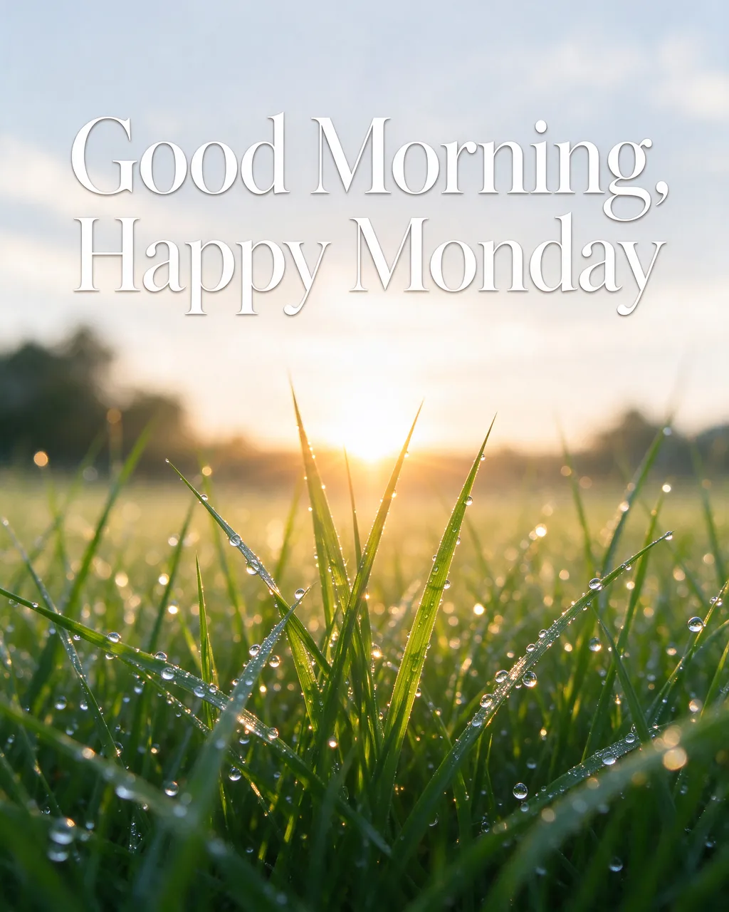 "Good Morning, Happy Monday" white serif text over dew-covered green grass with a low glowing sunrise in the background