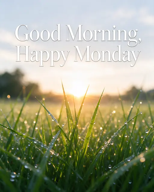 "Good Morning, Happy Monday" white serif text over dew-covered green grass with a low glowing sunrise in the background