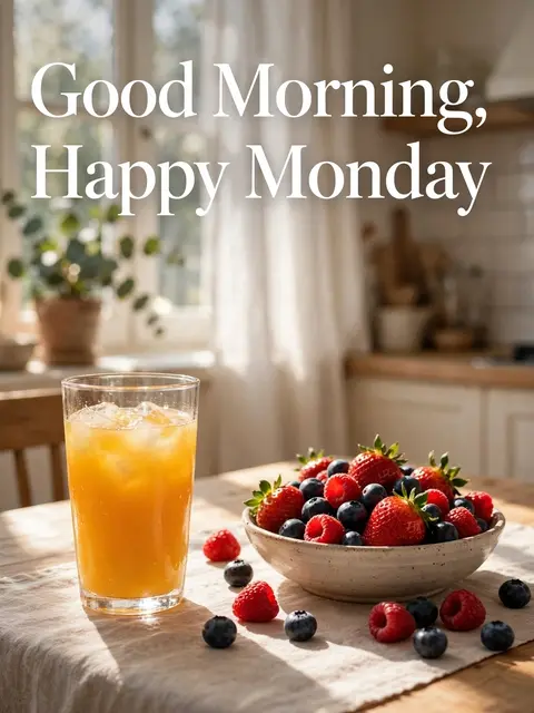 "Good Morning, Happy Monday" over a sunny kitchen table with orange juice and a bowl of mixed berries.
