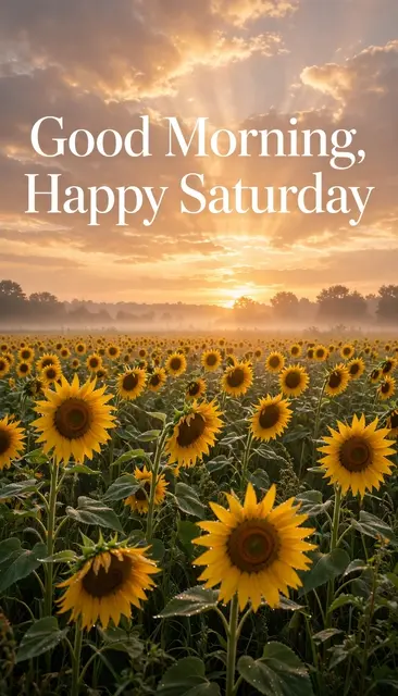 "Good Morning, Happy Saturday" text over a misty sunrise field of blooming sunflowers