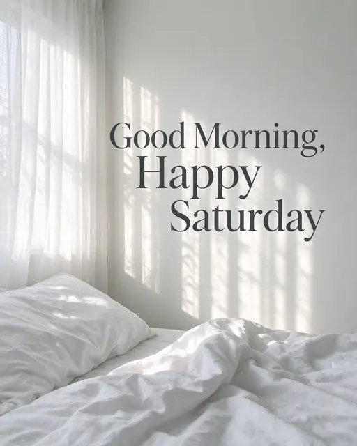 Sunlight filters through sheer curtains onto rumpled white bed linens, with the text "Good Morning, Happy Saturday" on the