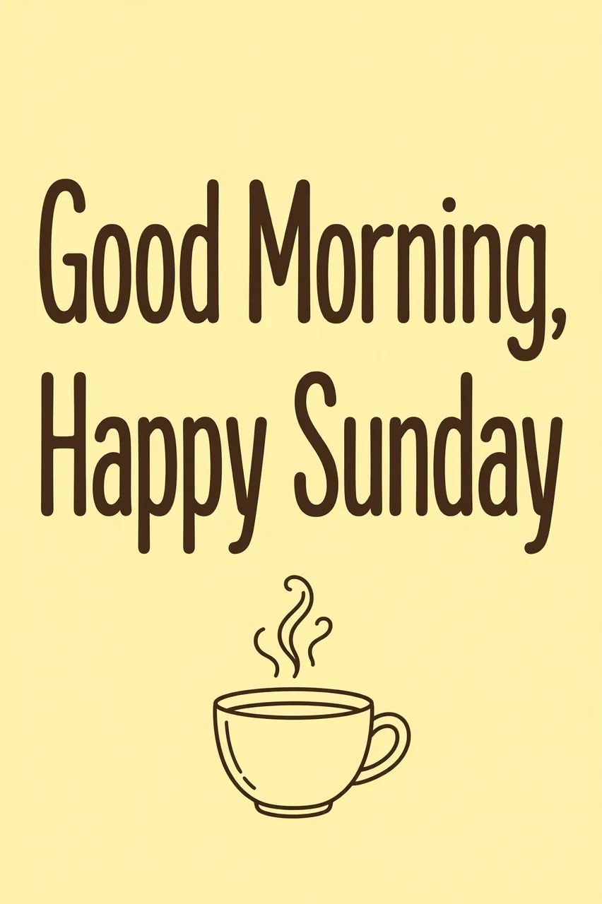 "Good Morning, Happy Sunday" in dark brown rounded line type above a simple drawn coffee cup on a pastel yellow background