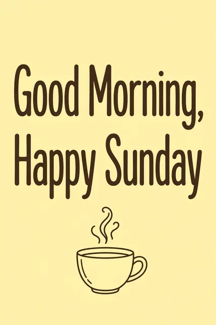 "Good Morning, Happy Sunday" in dark brown rounded line type above a simple drawn coffee cup on a pastel yellow background