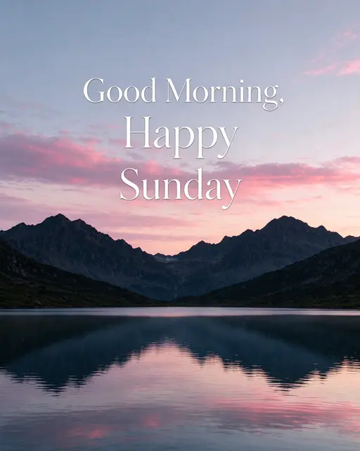 "Good Morning, Happy Sunday" serif text over a calm mountain lake reflecting pink dawn clouds