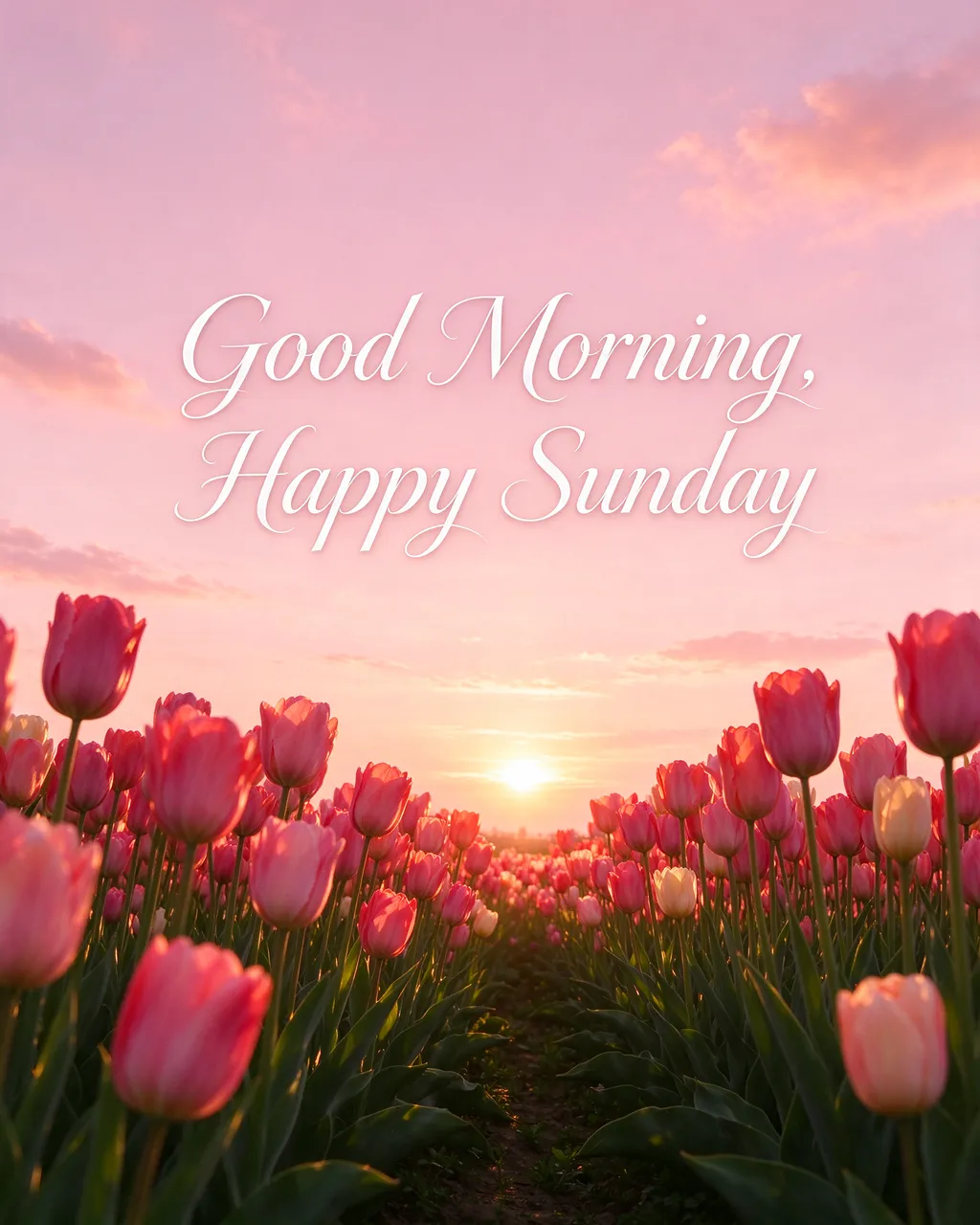 "Good Morning, Happy Sunday" elegant white script over a pink sunrise tulip field