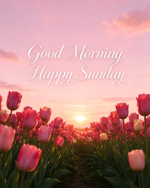 "Good Morning, Happy Sunday" elegant white script over a pink sunrise tulip field