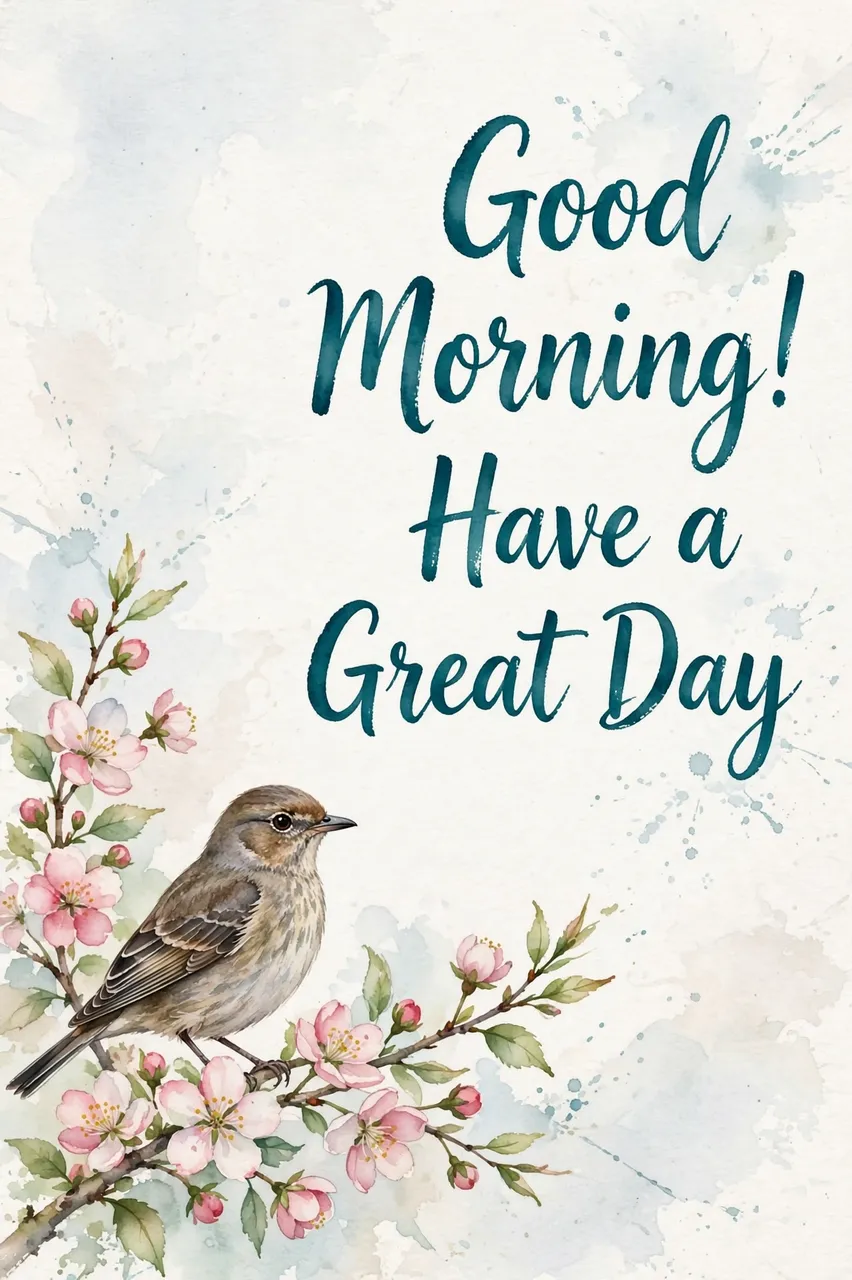 "Good Morning! Have a Great Day" teal brush lettering beside a watercolor songbird on a blossoming pink branch