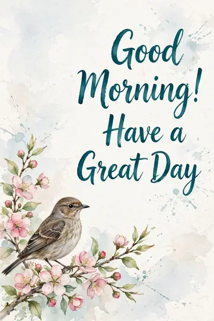 "Good Morning! Have a Great Day" teal brush lettering beside a watercolor songbird on a blossoming pink branch