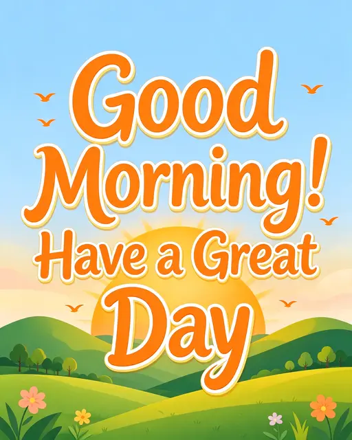 Cartoon vector illustration showing the text "Good Morning! Have a Great Day" over a sun rising behind green rolling hills