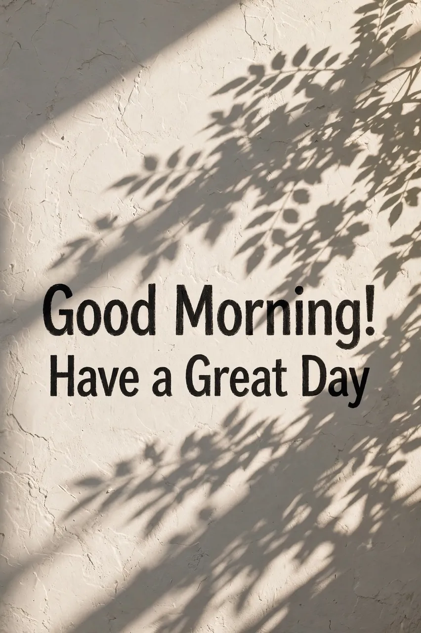 "Good Morning! Have a Great Day" text over leaf shadows on a sunlit textured white wall