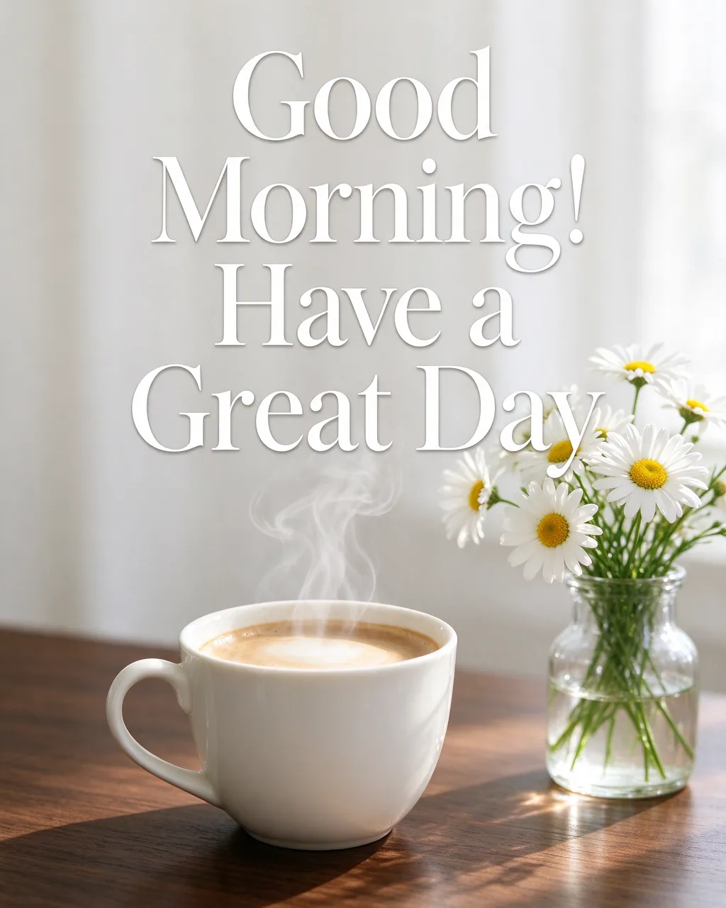 Warm morning light falls on a steaming white coffee cup and daisy vase, overlaid with "Good Morning! Have a Great Day" serif