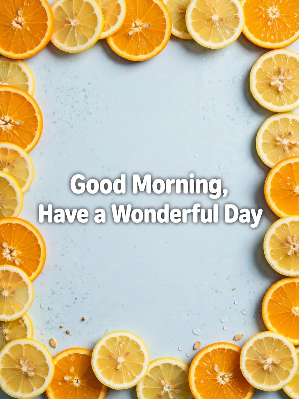 "Good Morning, Have a Wonderful Day" text centered on a pale blue surface framed by sliced oranges and lemons.