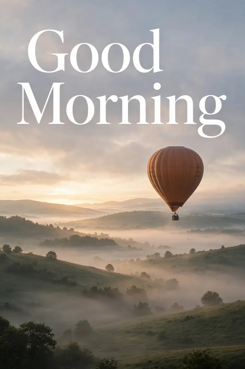 "Good Morning" white serif text over a hot air balloon floating above misty hills at sunrise