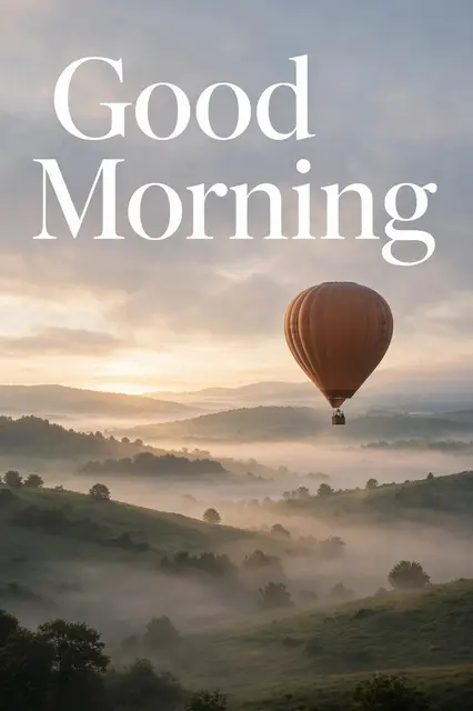 "Good Morning" white serif text over a hot air balloon floating above misty hills at sunrise