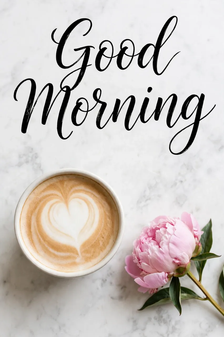 "Good Morning" brush script lettering above a heart latte and pink peony on white marble
