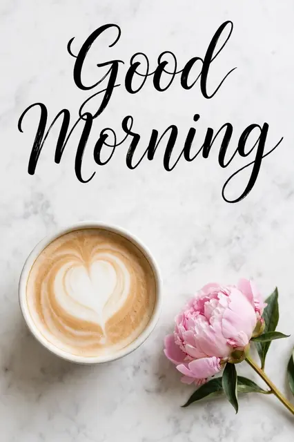 "Good Morning" brush script lettering above a heart latte and pink peony on white marble