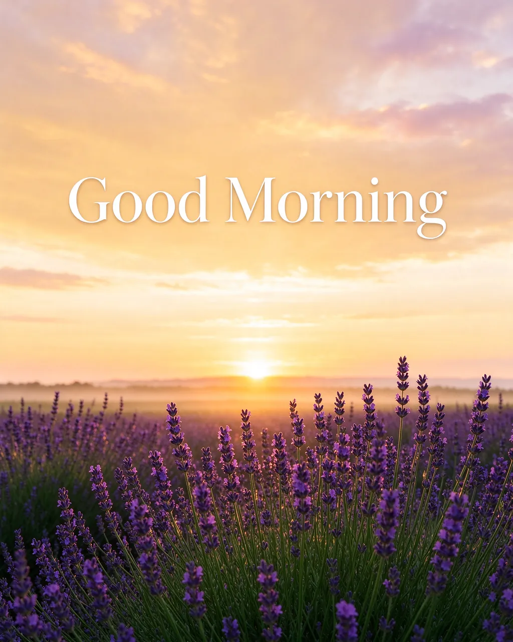 The text "Good Morning" appears over a sunlit lavender field beneath a soft golden sunrise sky