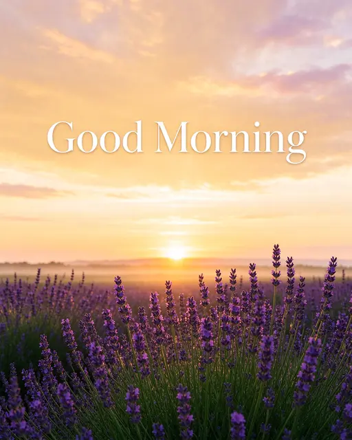 The text "Good Morning" appears over a sunlit lavender field beneath a soft golden sunrise sky