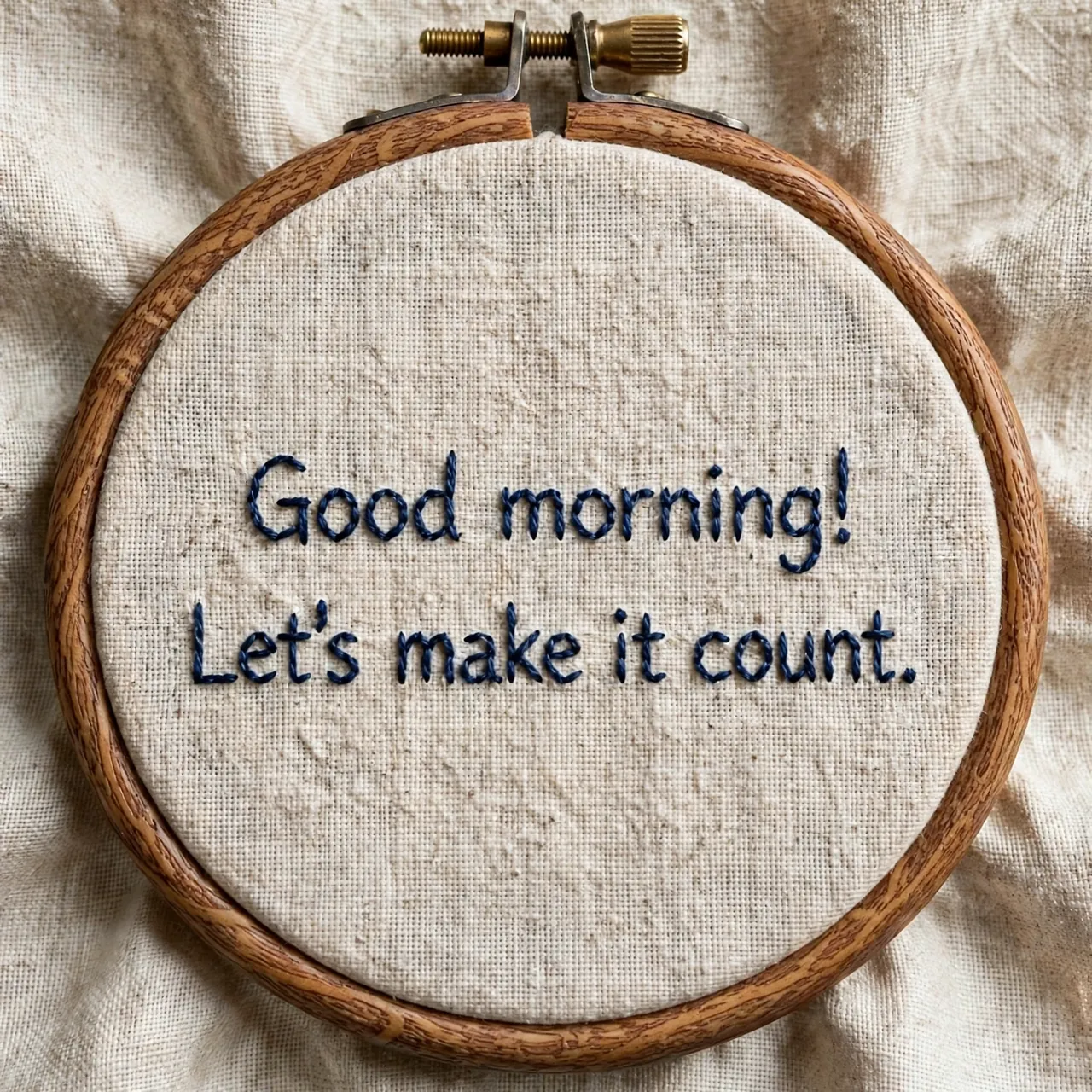 Navy embroidered text "Good morning! Let's make it count." stitched in a wooden hoop on natural linen