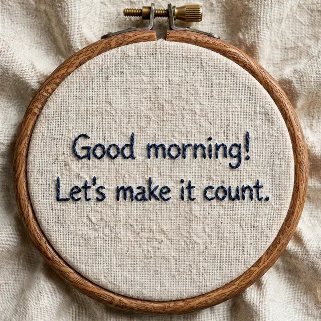 Navy embroidered text "Good morning! Let's make it count." stitched in a wooden hoop on natural linen