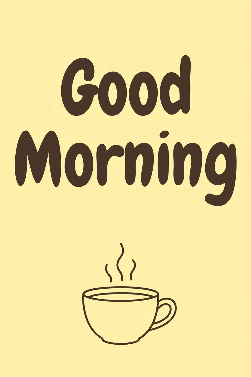 The text 'Good Morning' in rounded dark brown type sits above a simple line drawn steaming coffee cup on a pastel yellow
