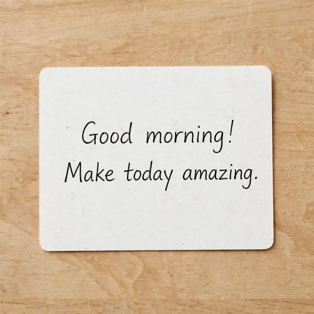 Handwritten "Good morning! Make today amazing." note resting on a light wooden desk