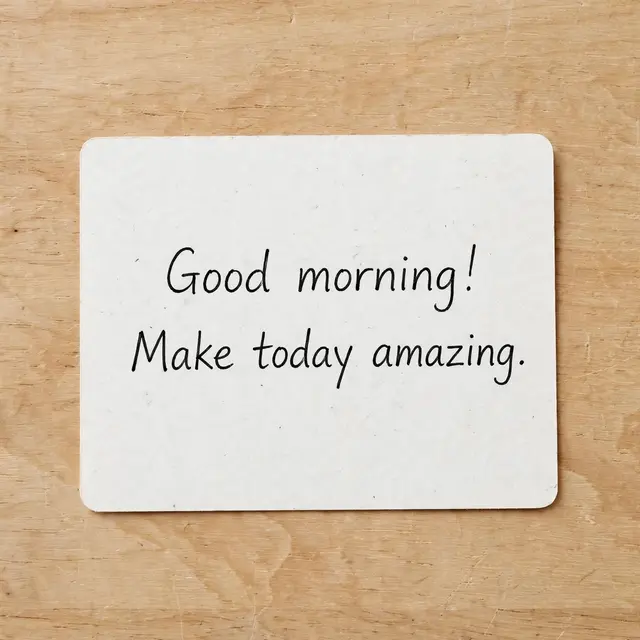 Handwritten "Good morning! Make today amazing." note resting on a light wooden desk