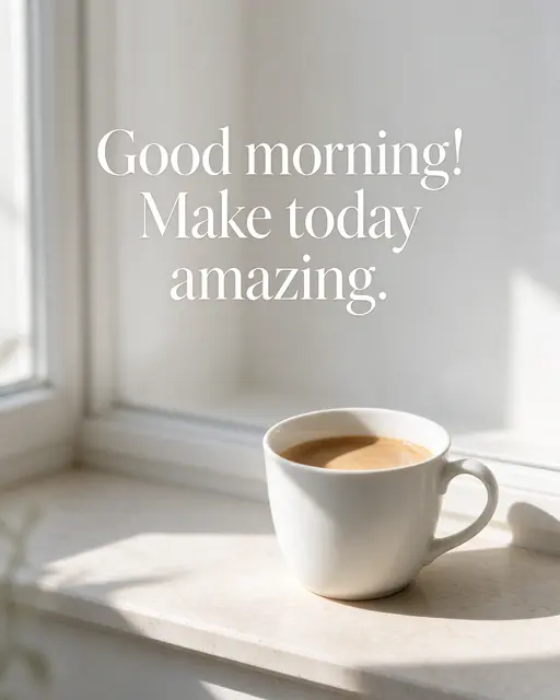 A white coffee cup on a sunny windowsill displays the quote "Good morning! Make today amazing." in soft serif type.