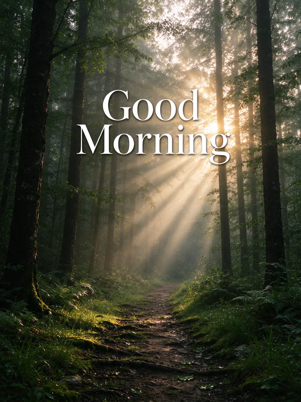 "Good Morning" text over a misty forest path with golden sunbeams filtering through trees