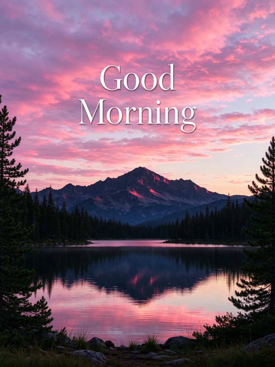 "Good Morning" thin white serif text over a calm mountain lake reflecting pink dawn clouds and peaks
