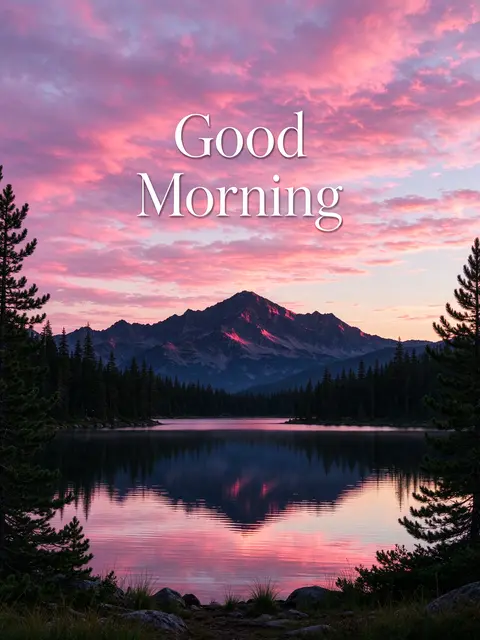 "Good Morning" thin white serif text over a calm mountain lake reflecting pink dawn clouds and peaks