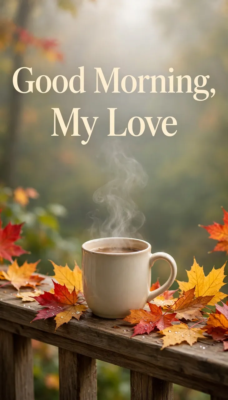 "Good Morning, My Love" serif text sits above a steaming mug surrounded by autumn leaves on a wooden porch rail
