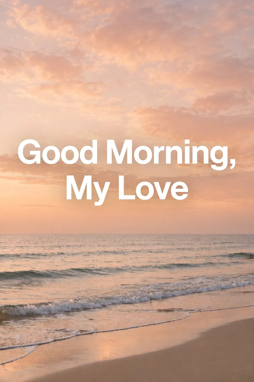 "Good Morning, My Love" white text over a calm peach and orange beach sunrise with gentle waves.