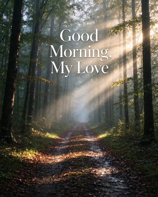 "Good Morning, My Love" text over a misty forest path with golden sunbeams filtering through trees