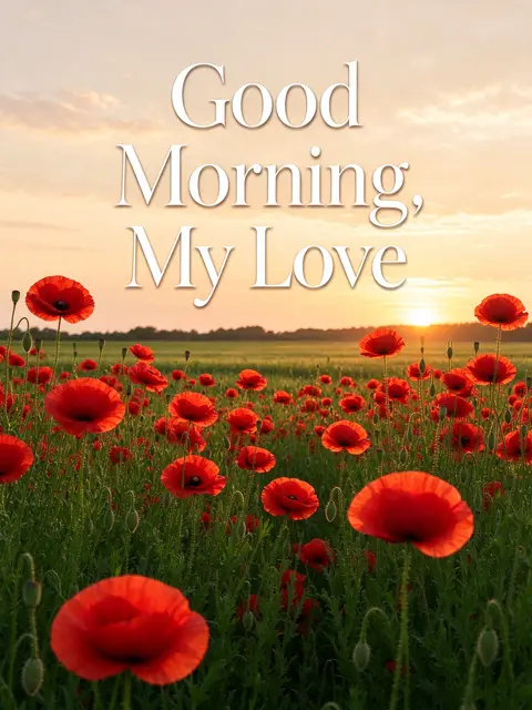 The text "Good Morning, My Love" over a field of red poppies glowing at sunrise under a pale gold sky