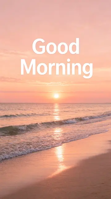 "Good Morning" text over a calm peach-hued beach sunrise with gentle rolling waves.