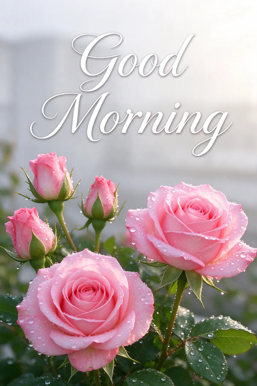 "Good Morning" script lettering over dewy pink roses in soft morning light