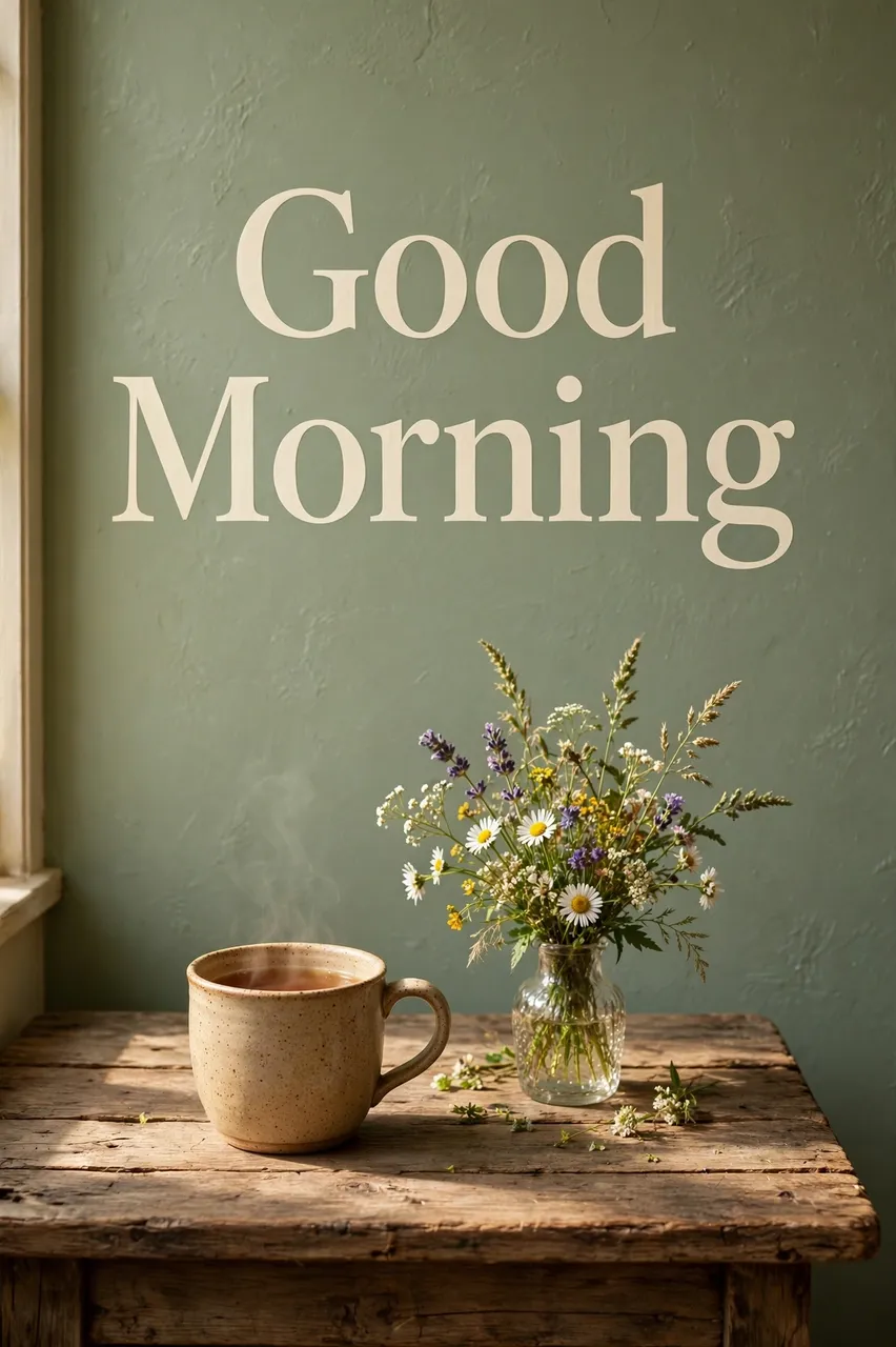 "Good Morning" cream serif text above a tea mug and wildflower vase on a rustic table, warm morning light.