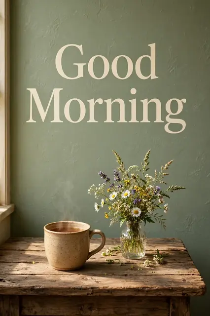 "Good Morning" cream serif text above a tea mug and wildflower vase on a rustic table, warm morning light.
