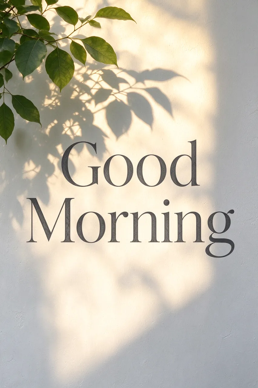 Warm morning sunlight casts leaf shadows on a white wall with charcoal serif text reading "Good Morning"