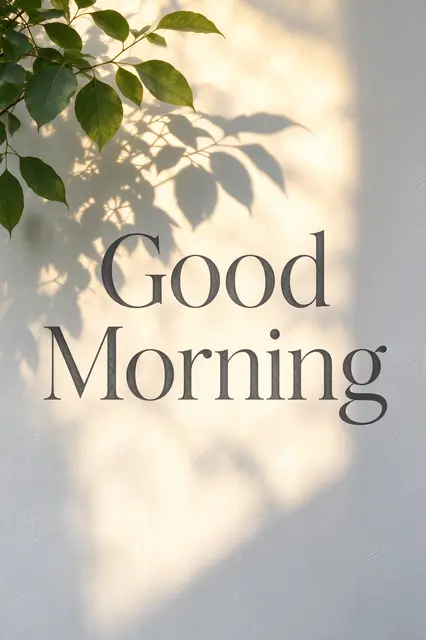 Warm morning sunlight casts leaf shadows on a white wall with charcoal serif text reading "Good Morning"