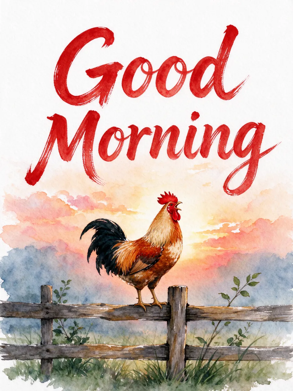 "Good Morning" red brush lettering above a crowing rooster on a wooden fence with a soft sunrise watercolor background