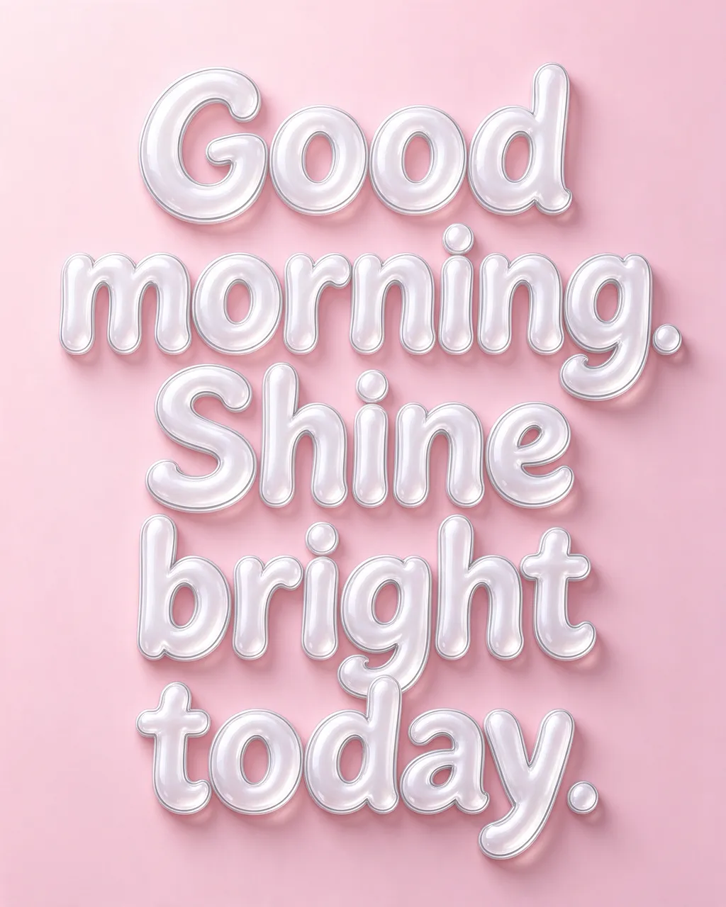 Glossy white 3D bubble lettering spelling "Good morning. Shine bright today." on a soft pastel pink background