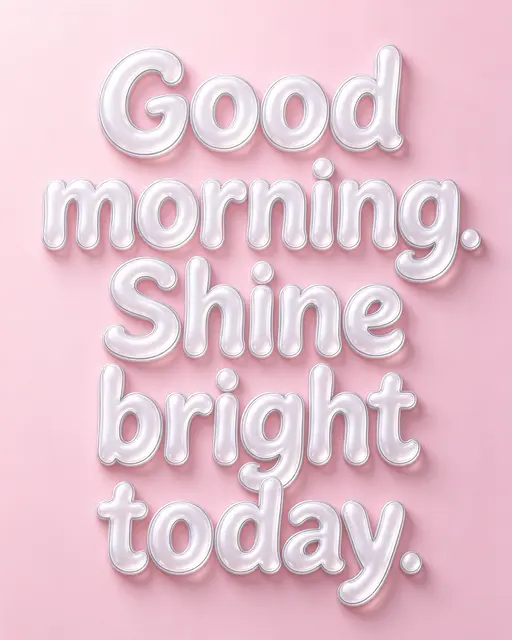 Glossy white 3D bubble lettering spelling "Good morning. Shine bright today." on a soft pastel pink background